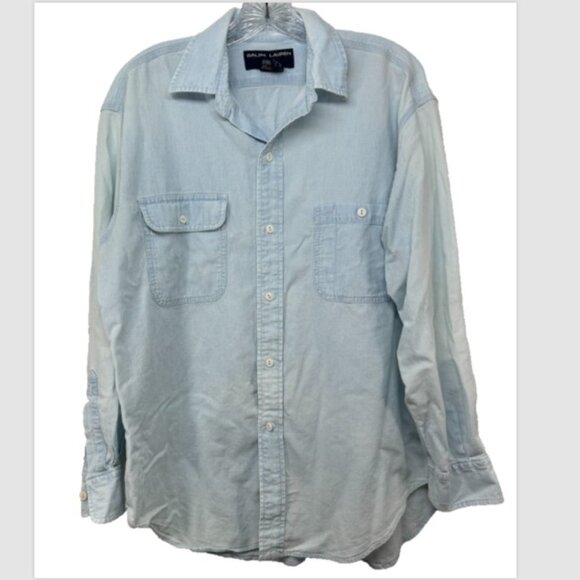 Polo sport Ralph Lauren Shirt Mens Medium Blue Button Up Denim hip hop y2k vtg - Picture 1 of 12